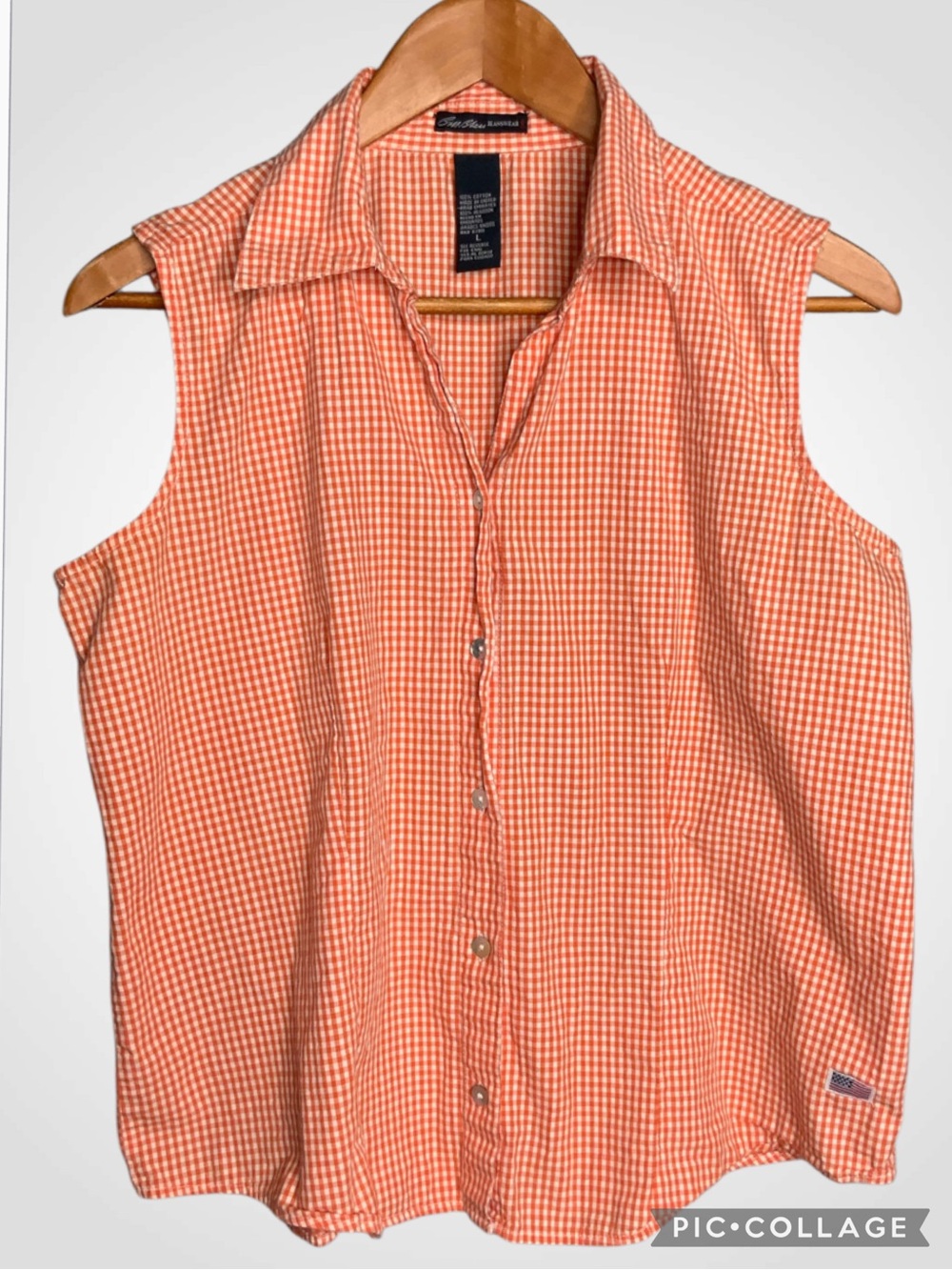 bill blass Orange Gingham Sleeveless Button-Down Cotton Shirt Large